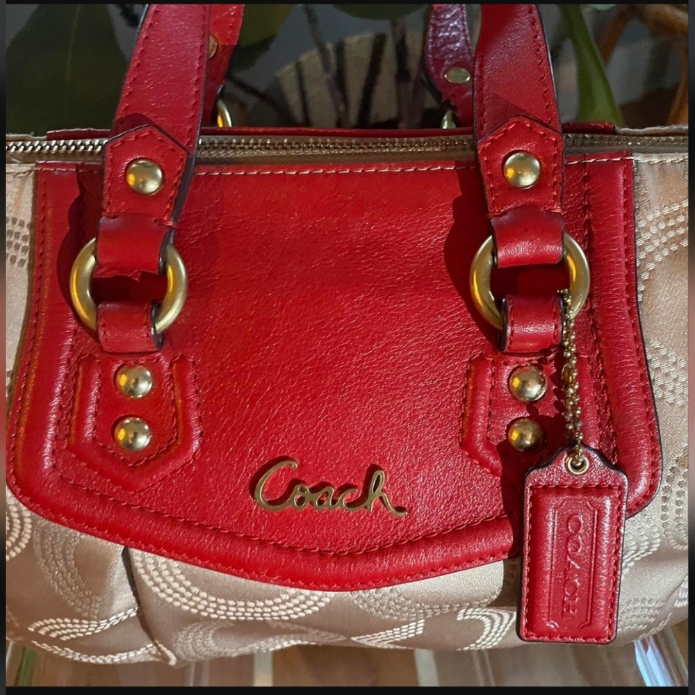 Coach Ashley Dotted OP Art Carryall Khaki And Red
